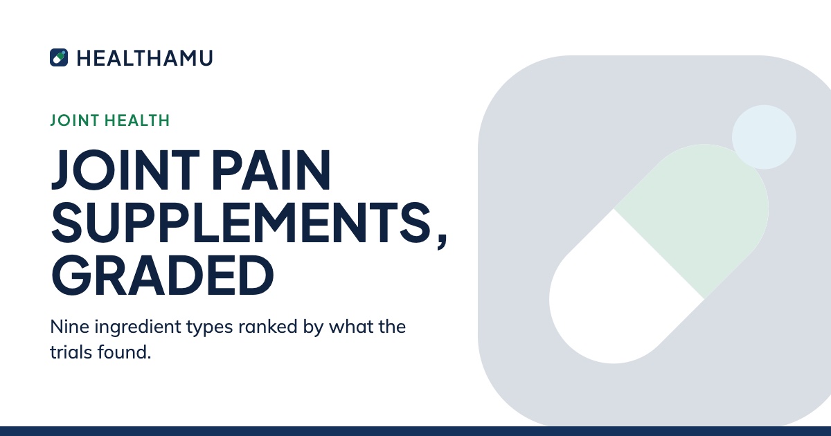 Healthamu card reading Joint Pain Supplements, Graded, a guide to the best supplement for joint pain ranked by trial evidence